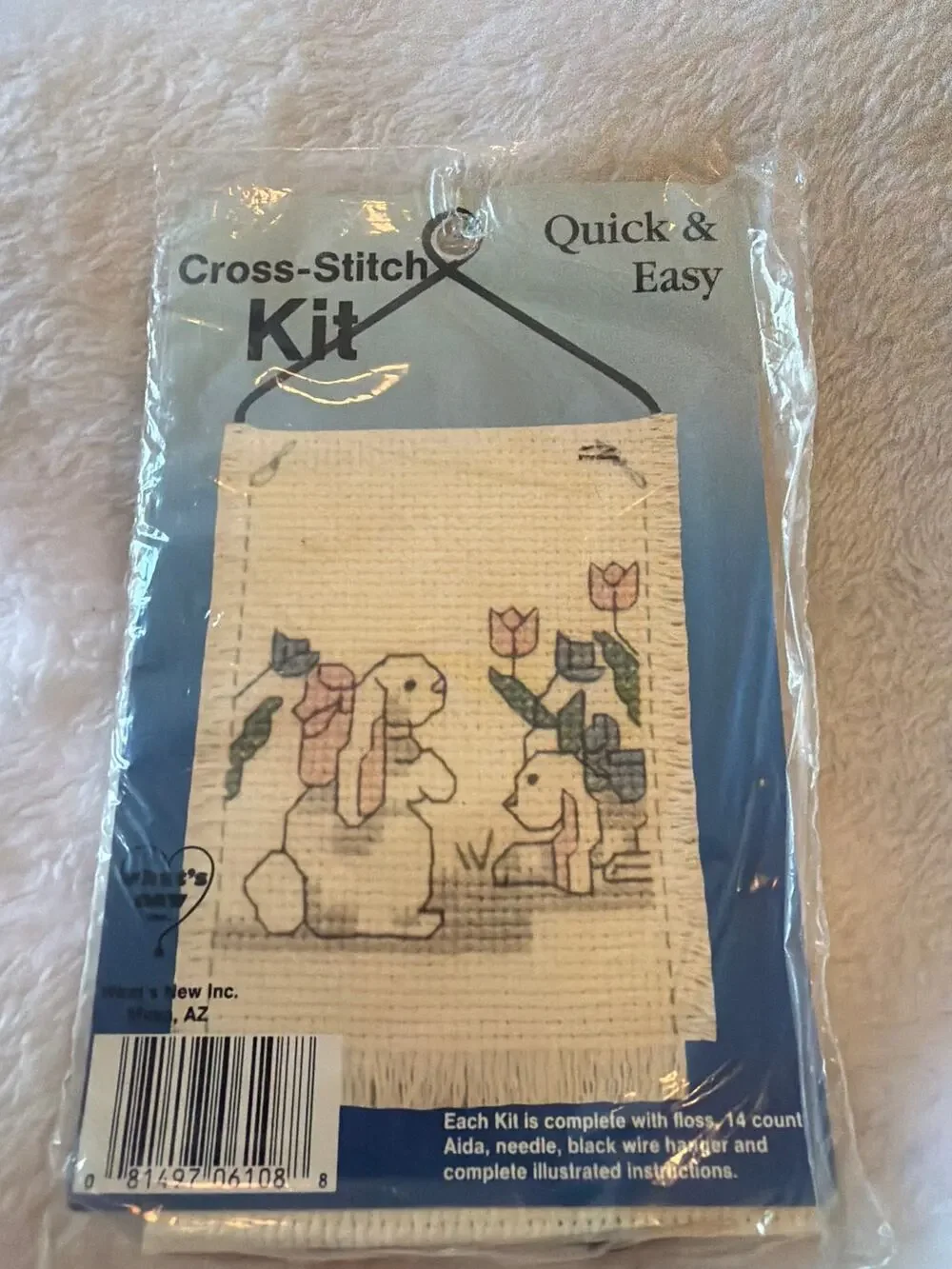 Vintage Quick & Easy Cross Stitch Kit Bunnies Rabbits Flowers Wall Hanging NOS